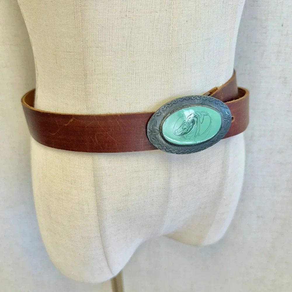 Nice Leather Brown Distressed Belt Seafoam Green Marbled Western Buckle Large‎